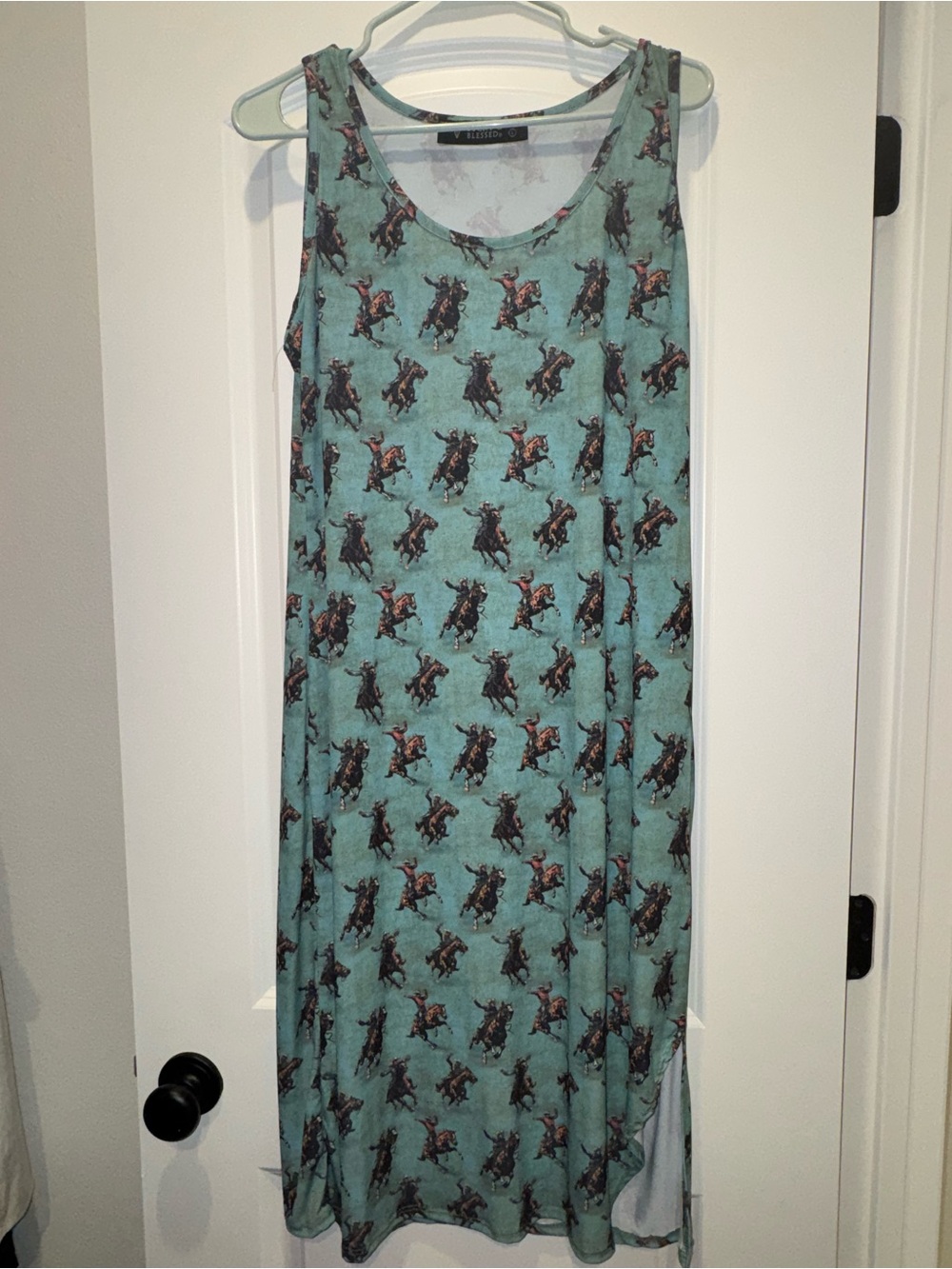 Lucky & Blessed Teal Cowboy Print Midi Dress